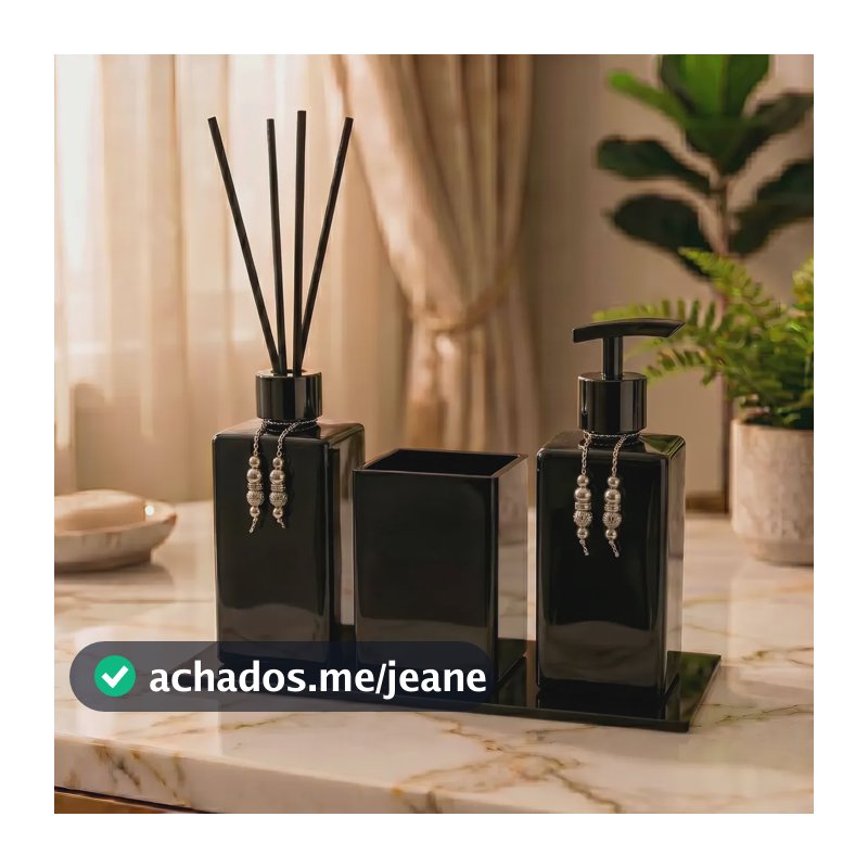 Kit De Banheiro Difusor + Saboneteira + Porta Escova E Base Preto Total C/ Válvula Preta