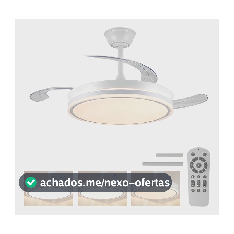 Ventilador de Teto LED Silencioso Nepul Turbo com 3 Pás Retráteis e Controle Remoto Branco 42"