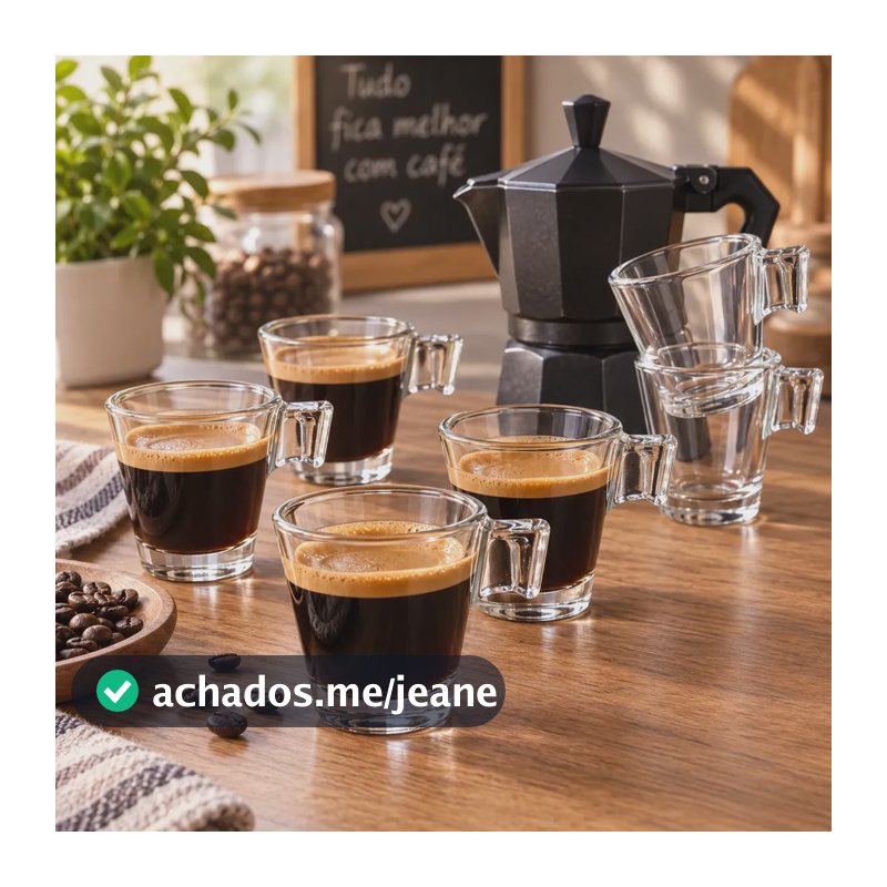 Kit 6 Xicaras Café Vidro 80 Ml Transparente Alça Expresso Transparente Redondo Com Alça