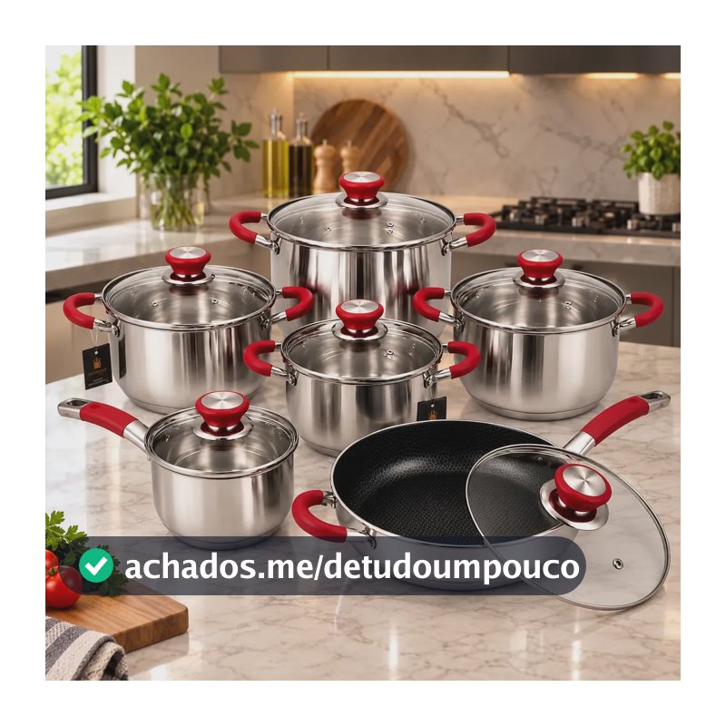 Conjunto Panelas Francesas Genebra 12 Peças Inox E Vidro Vermelho