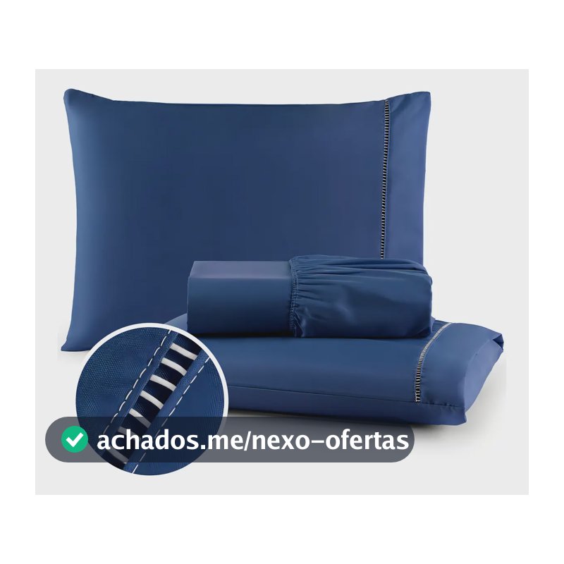 Jogo De Cama Casal Padrão 400 Fios 03 Peças Micropercal Cor Azul Desenho Do Tecido Ponto Palito