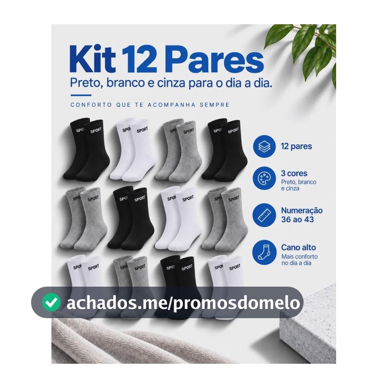 12 Pares De Meias Masculinas Cano Alto Grossa Algodão Oferta Preto/branco/cinza Sport 36/43