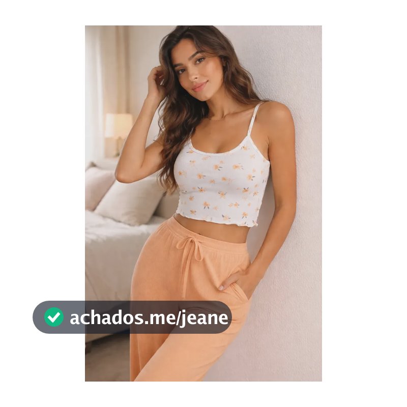 Conjunto Pijama Feminino Canelado Floral Regata Alça Calça Laranja Liso M