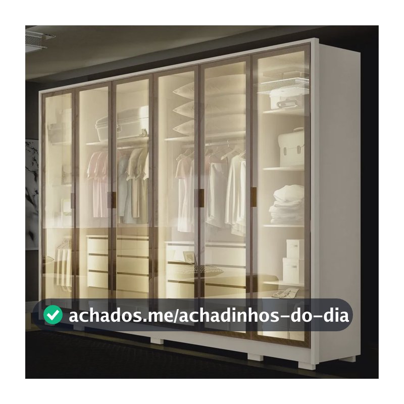Guarda-roupa Casal 6 Portas Reflectas Com Led 6 Gavetas Mdf Off White
