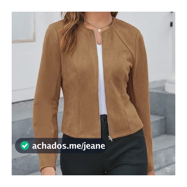 Jaqueta De Gola Redonda Com Zíper Na Frente Para Mulheres