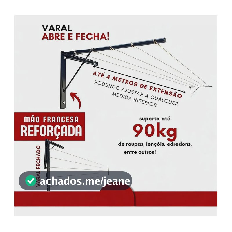 Varal De Parede E Muro Reforçado Suporta Até 90 Kg Preto
