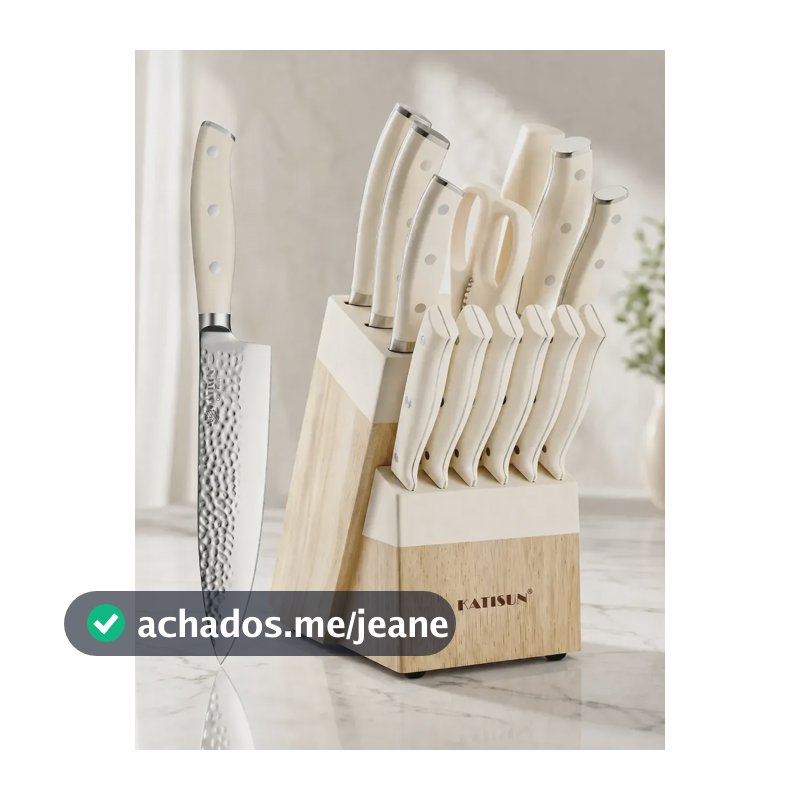 Jogo De Facas 14 Peças, Branco Cremoso, Com Bloco E Tesoura Bege