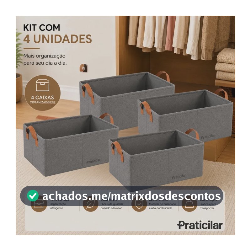 Kit com 4 Caixas Organizadoras Roupas Íntimas Multiuso Guarda Roupa Camisetas Calças Meia
