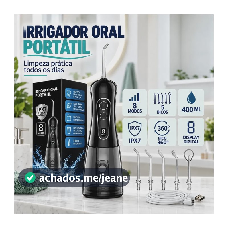 Irrigador Oral Portátil 400ml 8 Modos 5 Bicos Ipx7