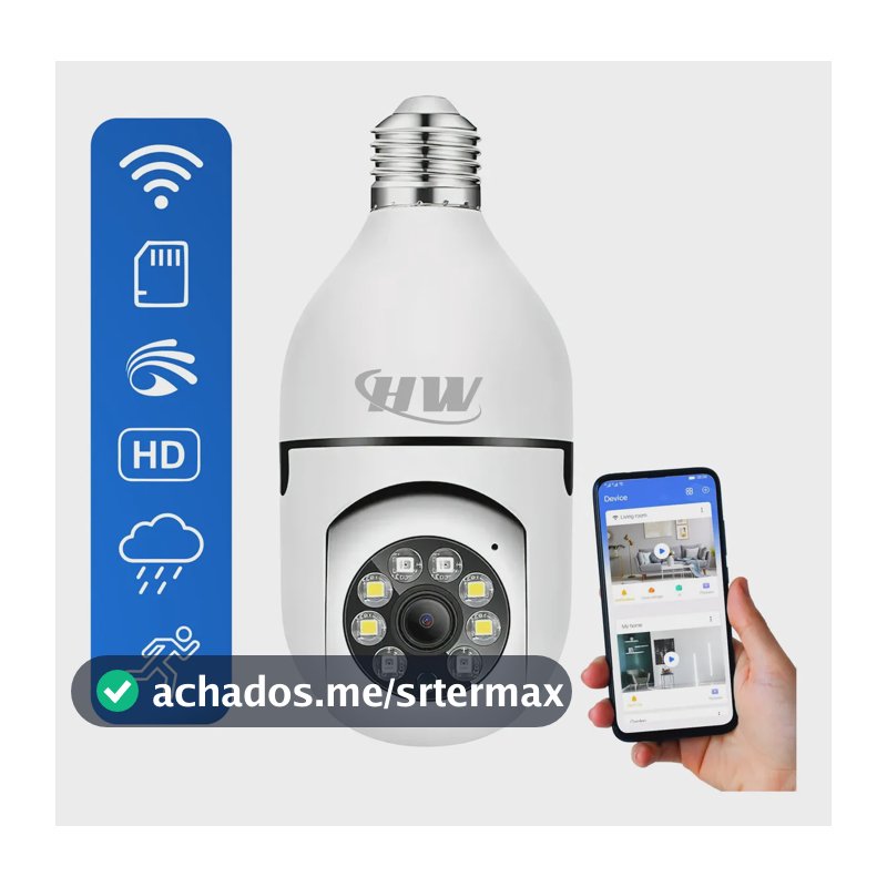 Câmera de Segurança IP Wi-Fi Lâmpada E27 HW 360° Full HD com Visão Noturna e Áudio - HW