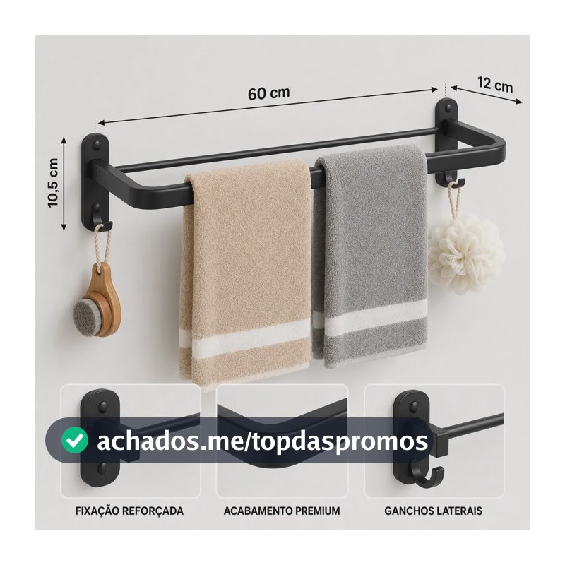 Porta Toalha Para Banheiro De Parede Preto Fosco 60cm Com Ganchos Suporte Toalheiro Simples