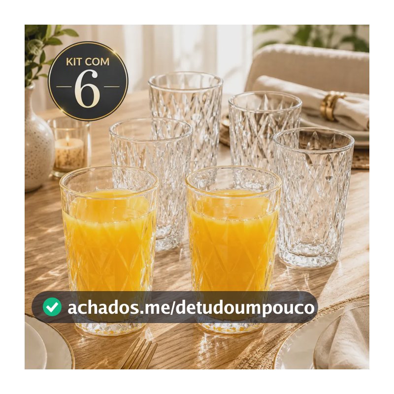 Jogo 6 Copos 400ML Grande Vidro Grosso Diamond Resistente Transparente Kit para Drink Água Suco Restaurante Diamante Sólar