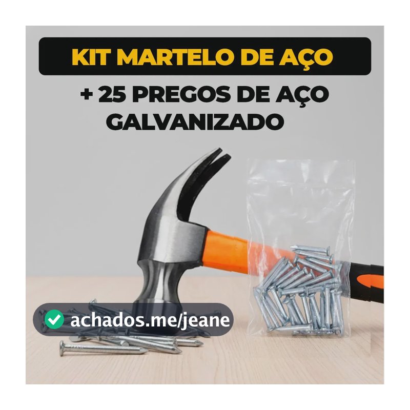 Kit Martelo Unha 25mm Cabeça Aço + 25 Pregos Com Cabo De Fibra e Borracha Profissional Carpinteiro Marceneiro - Marca Well Tools