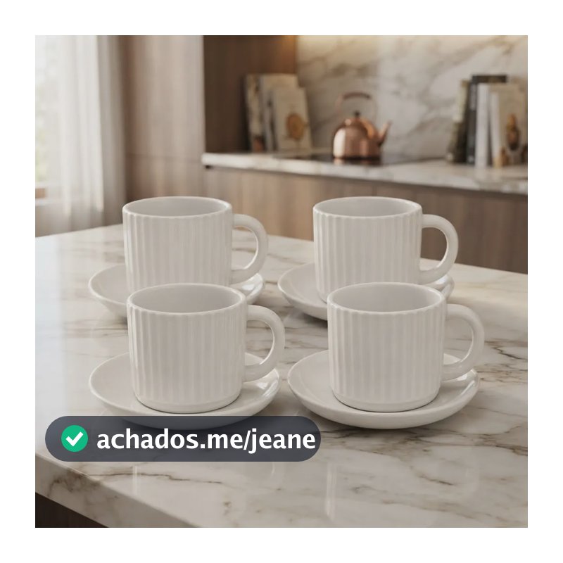 Conjunto 4 Xicaras Cafe Cha Com Pires Cerâmica 200ml Branco Canelado