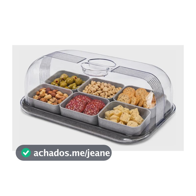 Petisqueira Plasútil Gourmet 6 Cavidades Com Tampa Cinza Marmorizado