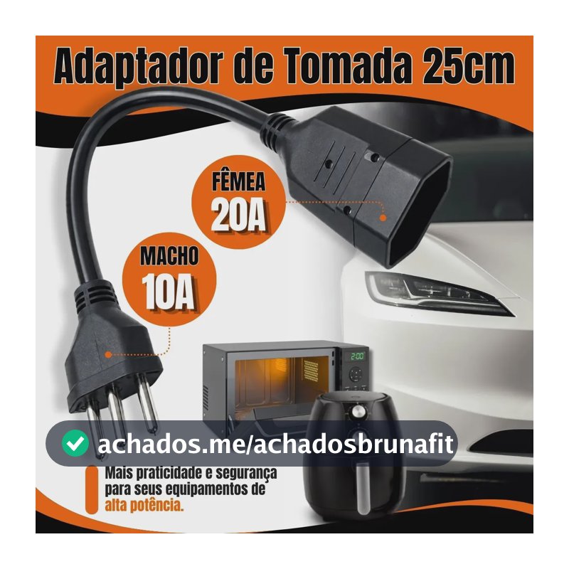 Adaptador Tomada 20A Para 10A Reforçado Bivolt Carregador Carro Elétrico Ar Condicionado Air Fry Micro-ondas