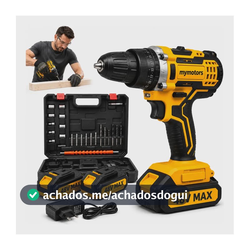 Parafusadeira Furadeira 48v Profissional 2 Baterias Sem Fio Amarelo 127/220v 60 Hz