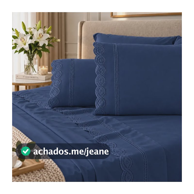 Jogo De Lençol Queen 400 Fios Bordado 4pçs Micropercal Macio Azul-marinho