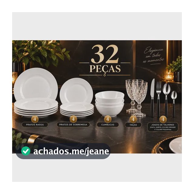 Aparelho De Jantar Premium Branco Kit 32 Peças Taça Diamante Prato Refeição Sobremesa Cumbuca e Talheres