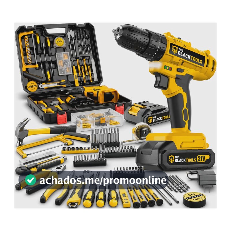Parafusadeira Furadeira De Impacto The Black Tools Profissional Bateria 21V C/ Maleta + Kit Acessórios 145 Peças TBKIT23