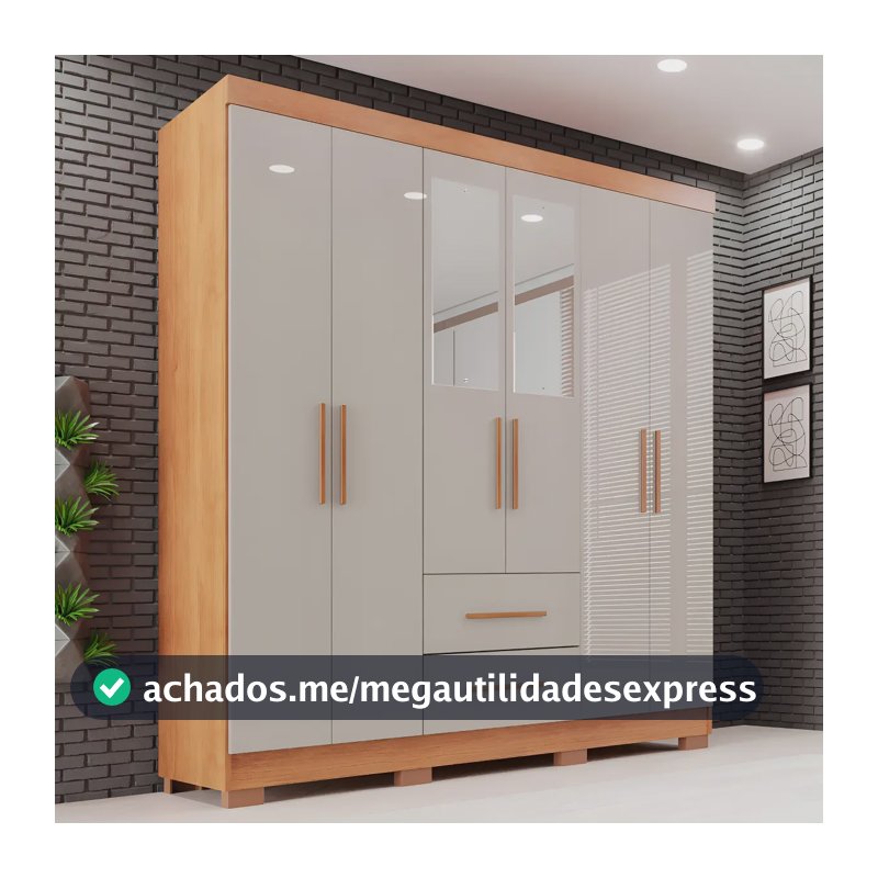 Guarda-roupa Casal com Espelho 6 Portas 2 Gavetas Sallêto Cinamomo/Off White