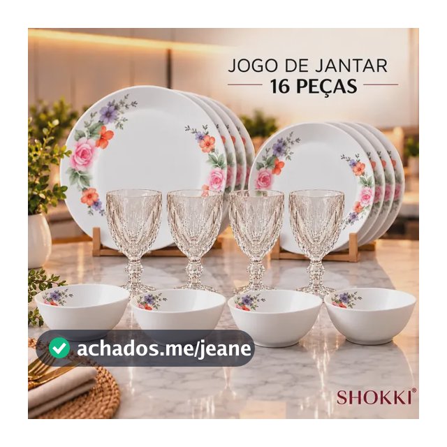 Jogo De Jantar Branco Com 16 Peças Para 4 Pessoas Estampa De Rosas Com Pratos Taças E Tigelas Para Mesa Posta Almoço Jantar Refeições Uso Diário Elegante Completo Para Casa - Shokki