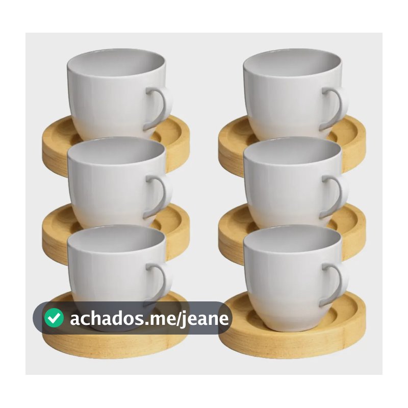 Jogo 6 Xicara Cafe Branca Porcelana Pires Madeira Premium Branco