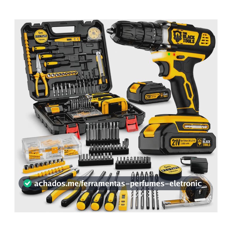 Parafusadeira Furadeira De Impacto The Black Tools Profissional a Bateria Com Maleta + Kit Acessórios 136 Peças Tbkit22