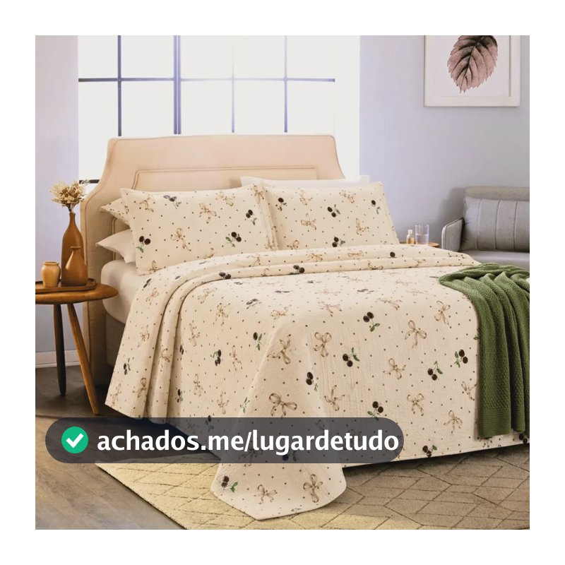 Colcha Cobre Leito Cama King Estampado  Kit 3 Peças Firenze Cereja E Laços