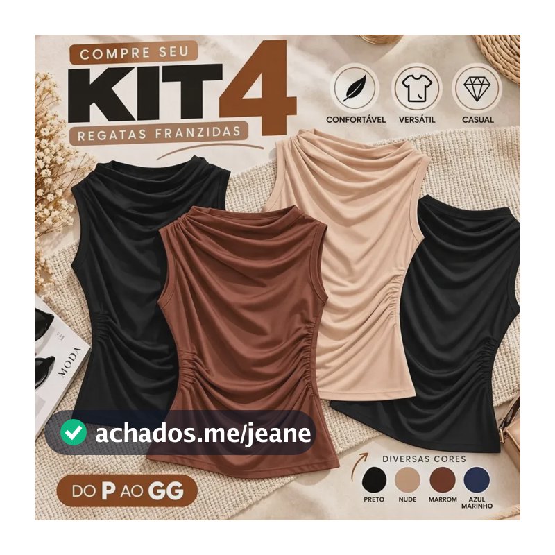 Kit 4 Blusa Feminina Regata Gola Alta Drapeada Plissada 2 Pretos, Marrom E Nude Liso G/gg (44/48)