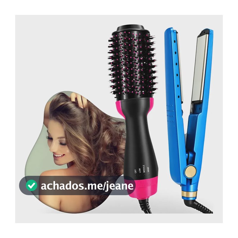 Escova Secadora Alisadora  + Chapinha Nano Titanium Azul Preto E Rosa 110v