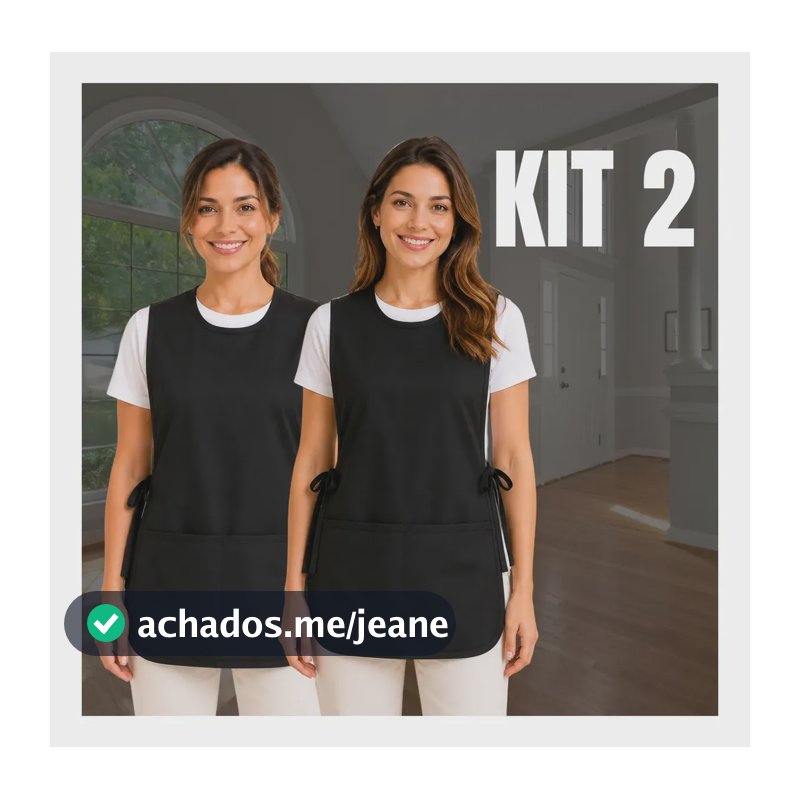 Bata Avental Kit 2 Feminino Jaleco Bolso Professora Faxina Preto Liso
