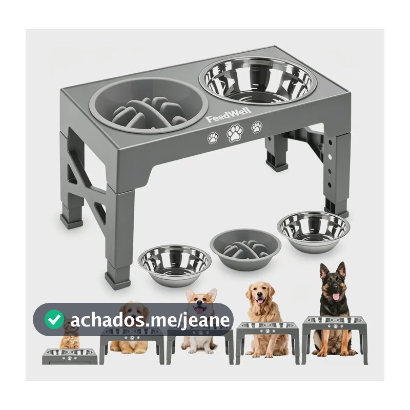 Comedouro Bebedouro Elevado Cão Gato Inox Duplo Altura Cinza Cinza