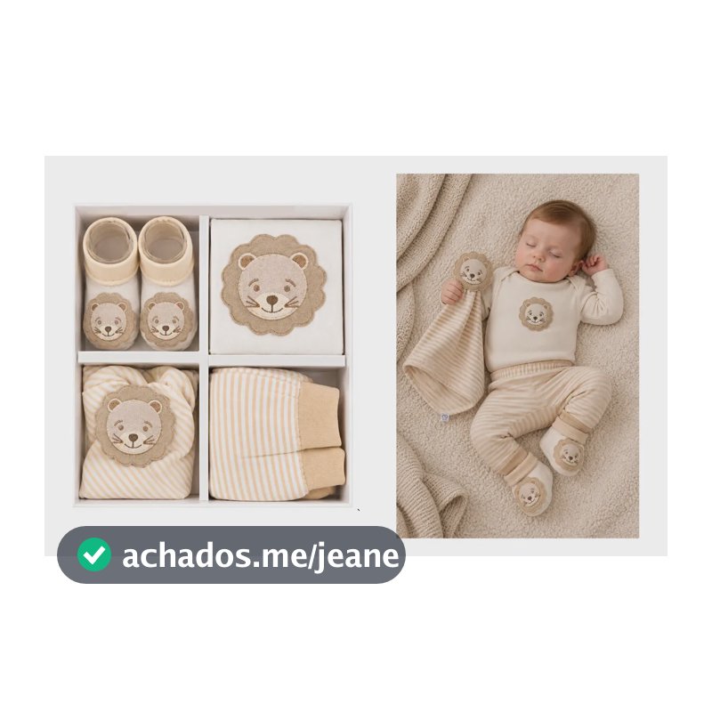Kit Presente Bebê 4 Pçs Roupa Enxoval Menino Menina Algodão Bege Leao Longo P