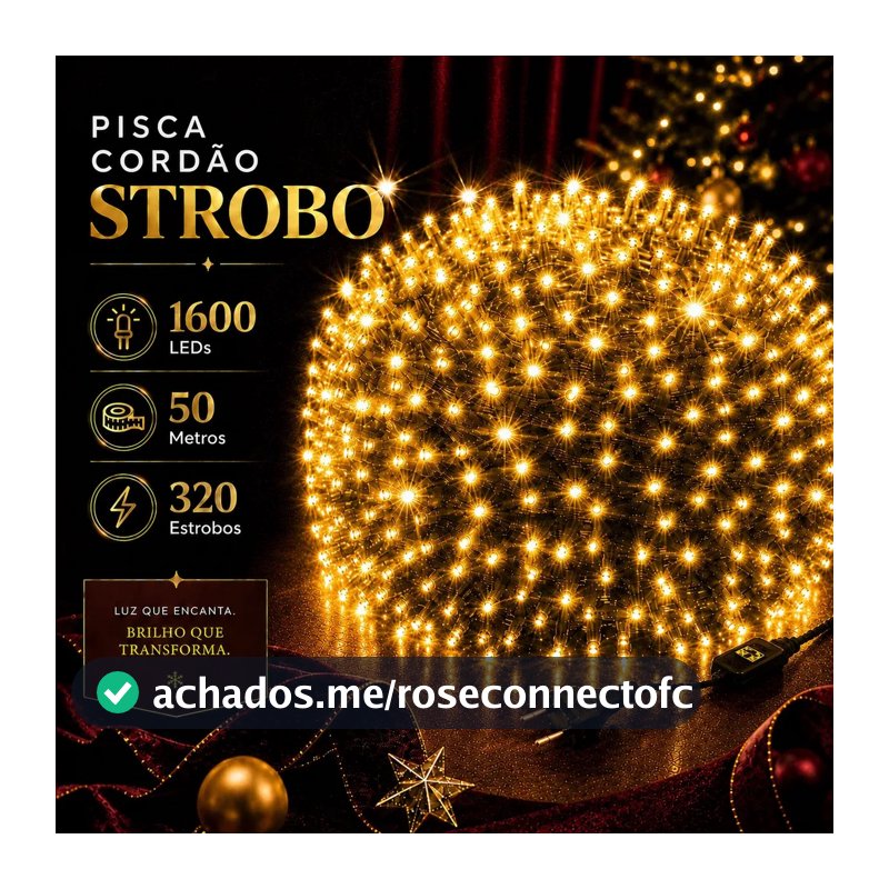 Strobo Cordão Natal 1600 Leds Pisca Flash 50m Prova D'água Bivolt Branco Quente