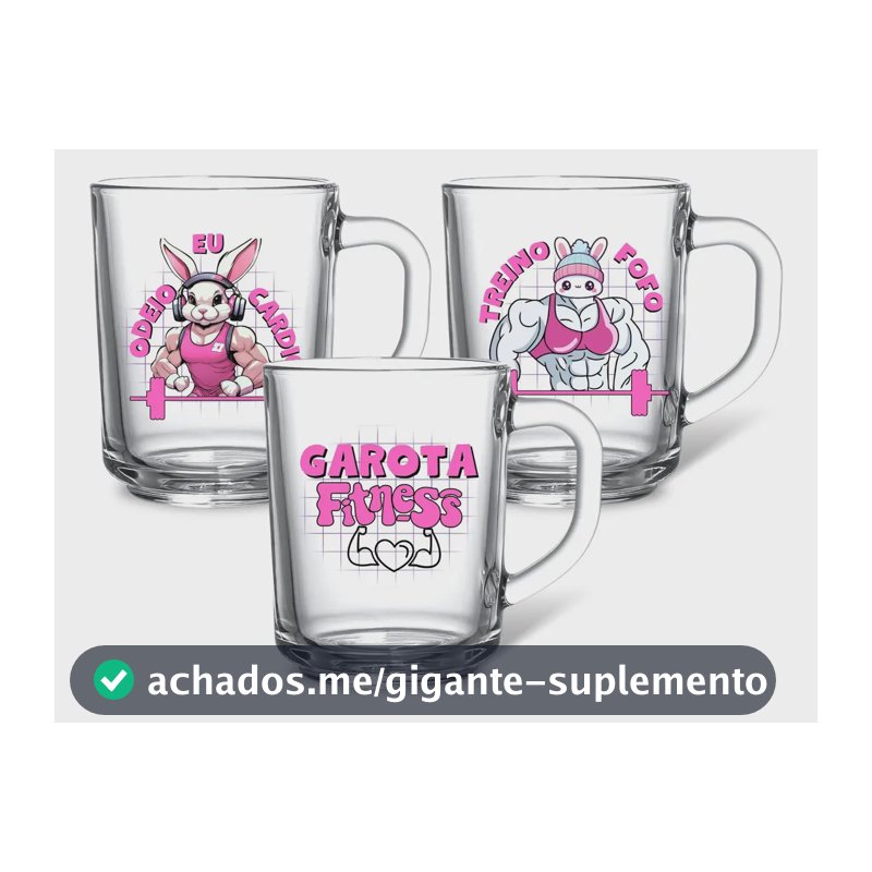 Kit 3 Canecas Vidro 225ml Personalizadas Frases Fitness Transparente