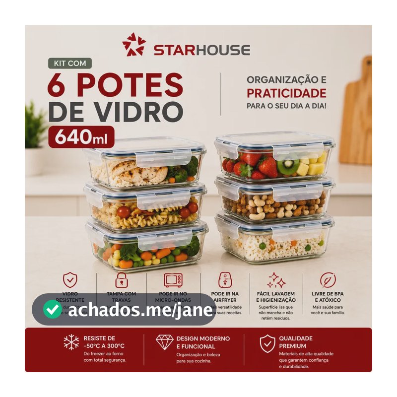 Kit 6 Potes 640ml Vidro Hermético 4 Travas Marmita Refratario Star House com 4 travas de super vedação