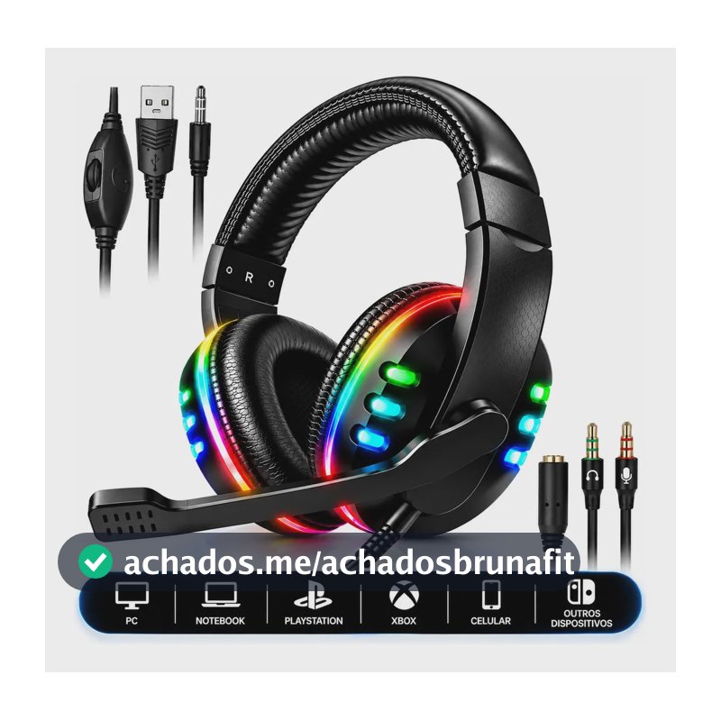 Fone De Ouvido Gamer Headset RGB Led Com Microfone Headphone P2 P/ PC PS3 PS4 PS5 Xbox Celular Notebook Surround 5.1 Com Adaptador Landara