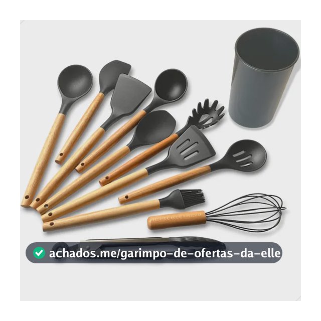 Kit C/12 Utensílios De Cozinha Silicone Cabo Madeira