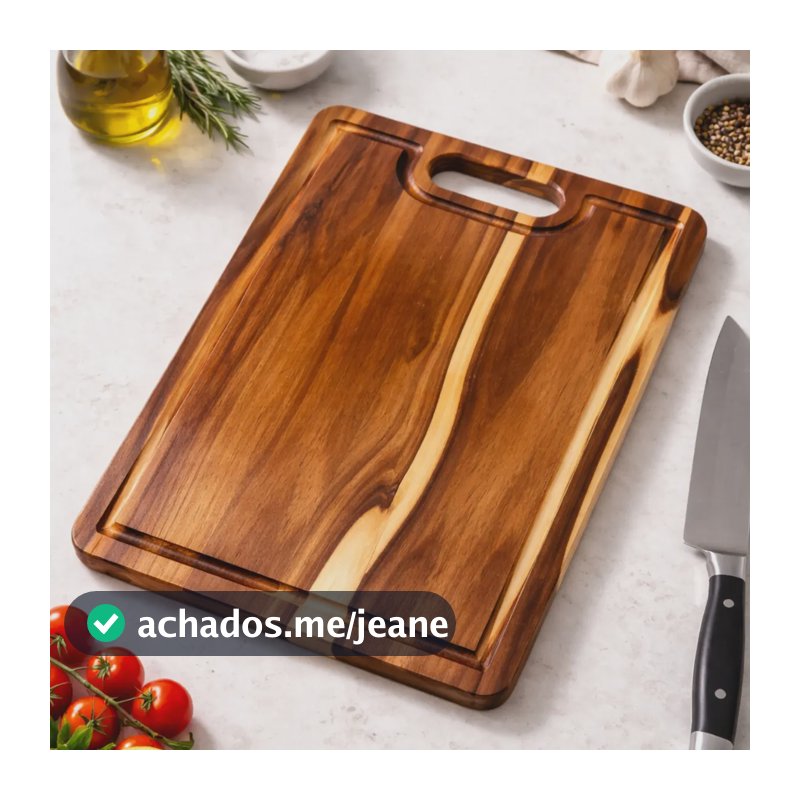 Tábua Churrasco Cozinha Corte Carne Grande 35x28 Madeira Teca com Alça Canaleta Lisa Marrom Brasa Store