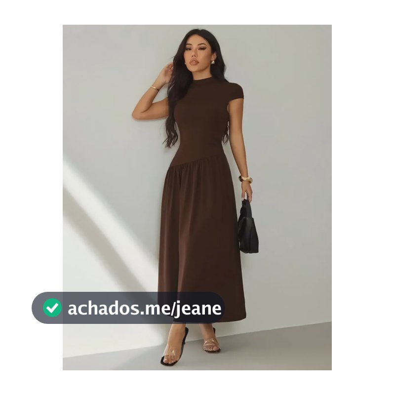 Vestido Midi Feminino Manga Curta Gola Alta Elegante Casual Marrom Único
