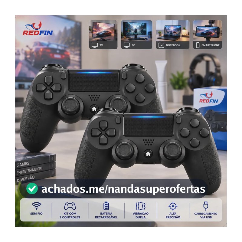 Kit 2 Controle Para Ps4 Sem Fio Pc Bluetooth Vibração Dupla Joystick Compatível Ps4 Videogame Tv Pc Celular Android Manete Smart Tv - Preto Redfin