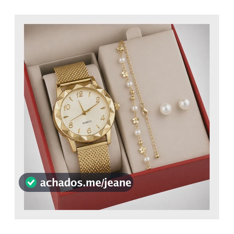 Kit Relógio Feminino De Pulso Com Pulseira E Brincos Pérola Dourado