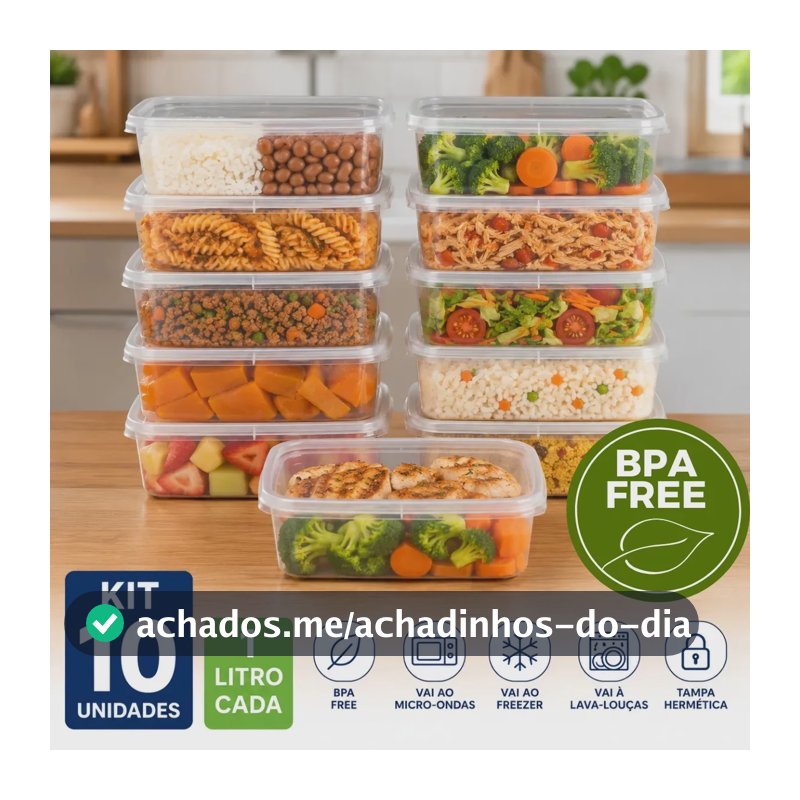 Kit 10 Potes Herméticos Retangulares para Marmita, de 1L, Reutilizáveis e Livres de BPA