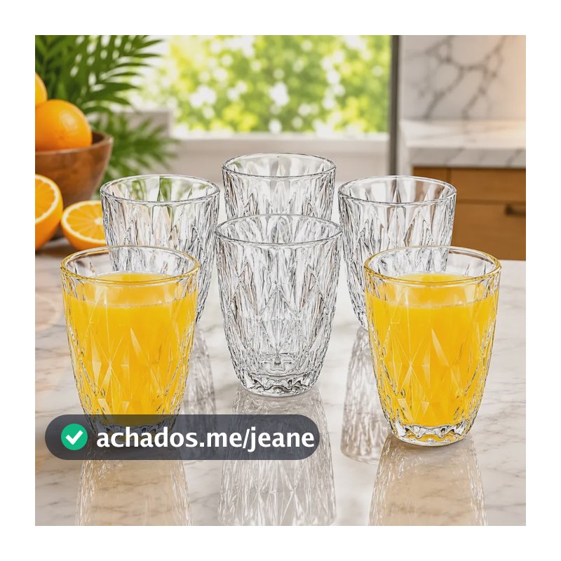 Jogo 6 Copos Diamond Egipcio 300ml Vidro Grosso Luxo Diamant Transparente
