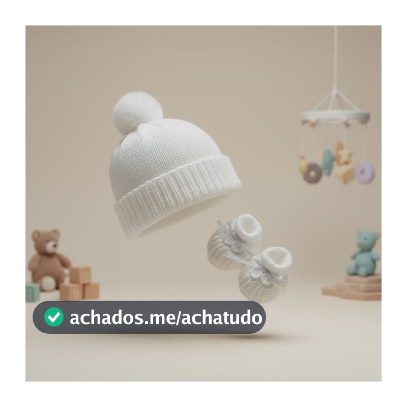 Kit Touca Pompom E Sapatinho Tricot Menino Menina Bebê Luxo Branco Tamanho-unico