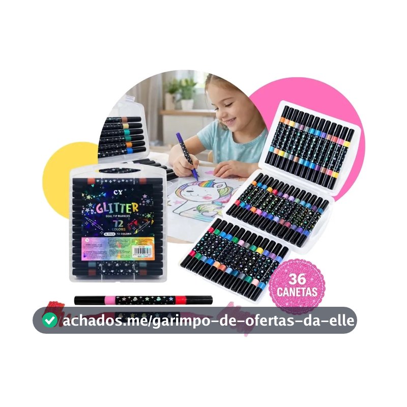 Canetinhas Glitter Estojo 36 Canetas Ponta Dupla 72 Cores Preto Glitter Gurumania