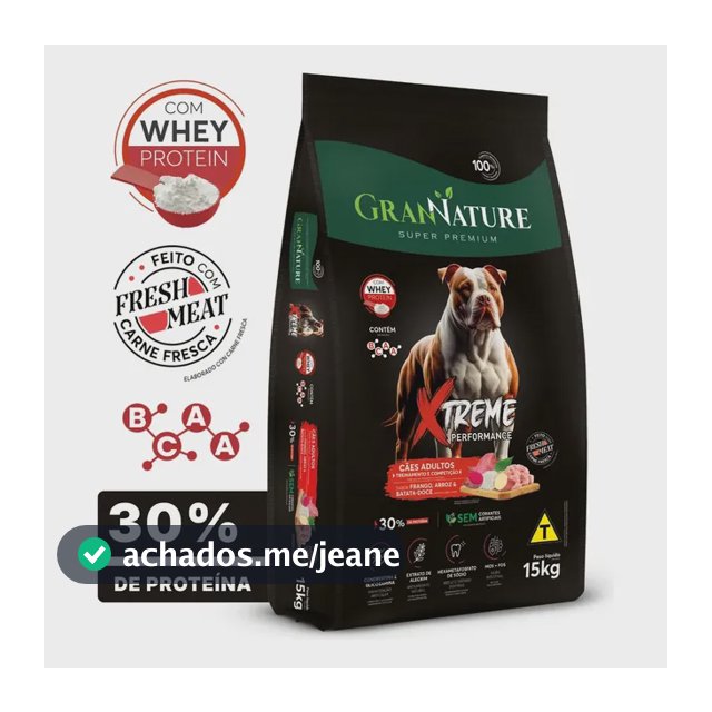 Ração Whey Protein Grannature Xtreme Alta Performance 30% Proteína para Cães Adultos raças Médio E Grande Porte Alimento Seco Sabor Frango Super Premium Com Bcaa Sem Corantes Saúde Articular 15kg