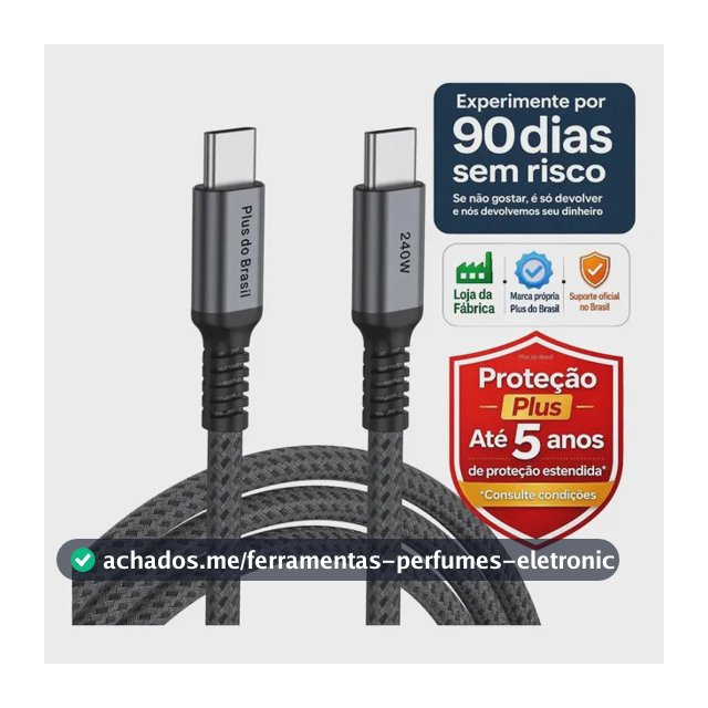 Plus Do Brasil Cabo Tipo C Duplo 240w 2 Metros Com Chip E-mark Compativel Com Apple Macbook iPhone 18 17 16 15 Galaxy Samsung S26 S25 S24 S23 S22 S21 Notebook Chromebook Galaxy Book 4 100w / 240W
