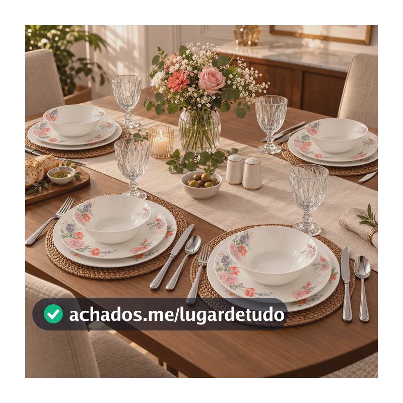Aparelho De Jantar Nhame 28 Peças Opalina Talheres Inox Taça Branco Florido Rosa